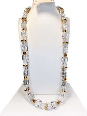 Vintage Signed Trifari Clear Lucite Beaded Necklace 28” Gold Tone